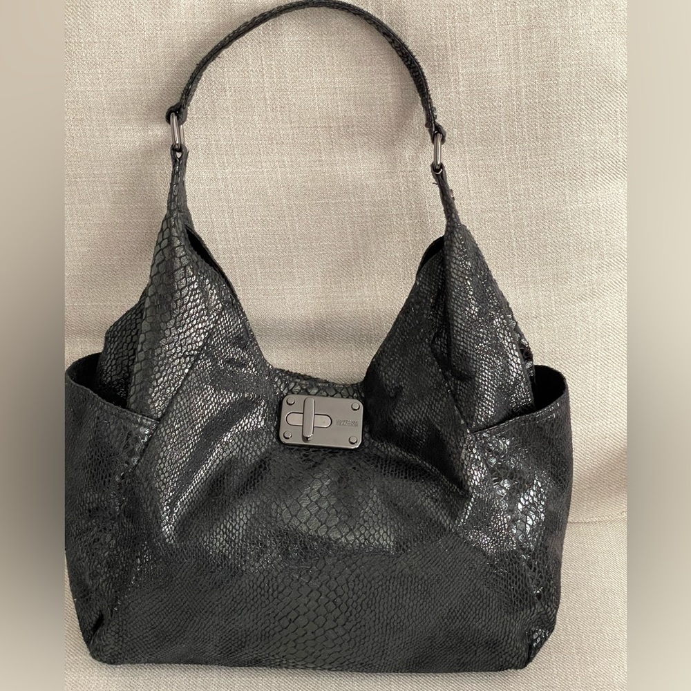 Kennith Cole Hobo Bag Reaction Black Faux Sueded Snake Skin Design Clasp Closure